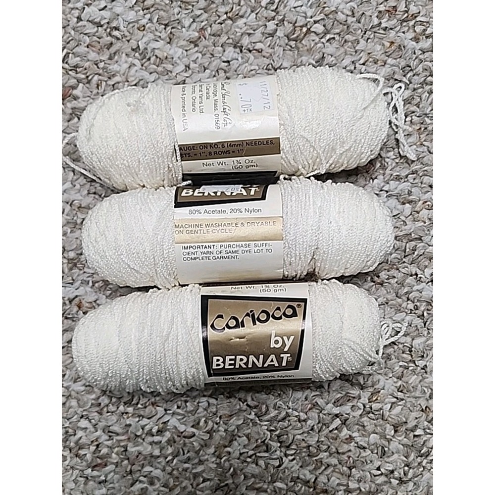 VTG Bernat Carioca Yarn 3-Skeins 1 3/4oz ea, 80% Acetate/20% Nylon Ivory